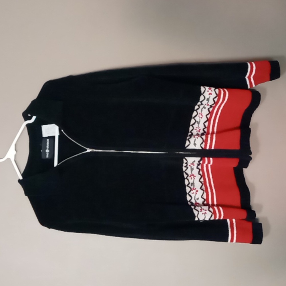 Sag Harbor Black/White/Red Full Zip Sweater w Flowers Size XL